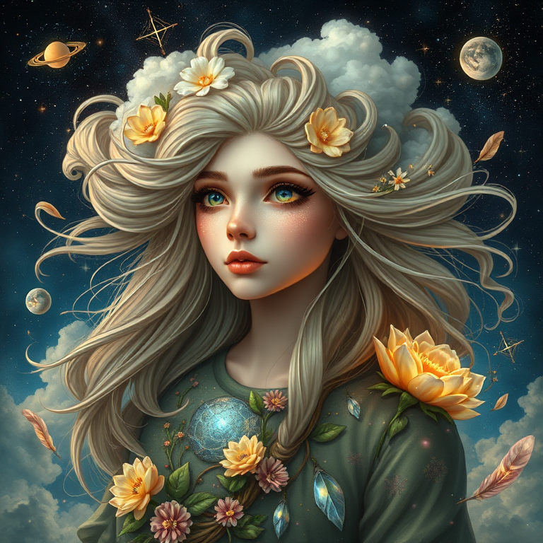 Create a series of imaginative portraits where each subject is infused with elements of fantasy and nature. The hair of the individuals should flow like clouds, varying from soft, fluffy cumulus to wispy cirrus strands, with hints of color reflecting a sunset or a clear blue sky. The eyes should be windows to entire galaxies, with stars, nebulae, and distant planets visible within them. Clothing should be adorned with nature motifs, such as floral patterns that bloom and change, vines that seem to grow and wrap around, or feathers that shimmer with iridescence. Each portrait should capture a unique personality, blending human features with the ethereal beauty of the natural and cosmic world. The backgrounds can vary, from starry night skies to enchanted forests, adding depth and context to the magical realism of the portraits