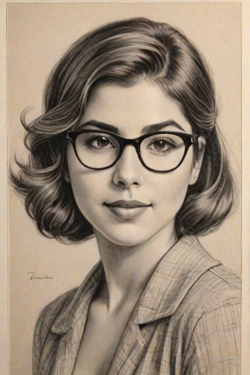 Magnificent Daniella Monet, pencil sketch, portrait of Radiant woman 1930s in glasses, hair style beatnik, outline, clear lines, fine lines, 8k