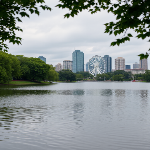 A scenic view of a serene lake surrounded by lush green trees with a backdrop of modern city buildings and a ferris wheel, taken with a DSLR camera at f/8 aperture, ISO 200, 1/250 sec shutter speed, in landscape mode during a cloudy day for enhanced depth and detail.