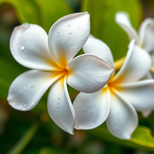 Close-up of three white plumeria flowers with droplets of water on petals, soft-focus background of green leaves, captured with a DSLR camera, 50mm lens, f/2.8 aperture, ISO 100, natural lighting.