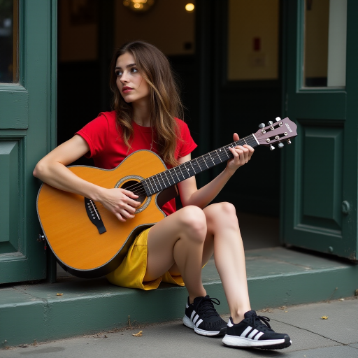 Ultra-realistic and very detailed image, high resolution and definition of a young woman, a rocker. She's sitting on the step of a doorway, with one leg stretched out, playing an acoustic guitar. The young woman is wearing a red T-shirt and yellow shorts. Adidas trainers. The door is glazed and mirrors the street.