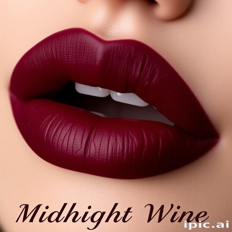 Matte burgundy lips with a velvety texture, named "Midnight Wine," showcasing intricate gold leaf accents along the cupid's bow for added drama