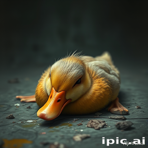 Stunning image of a cute adorable tired looking wacky duck laying flat on the ground, no emotions, moody, grainy, noisy, concept art, by Alberto Seveso, Cyril Rolando, Dan Mumford, Meaningful Visual Art, Detailed Painting, Digital Illustration,