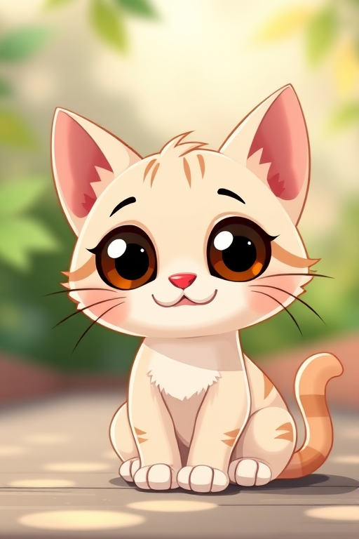 Create a high-resolution illustration of a cute cartoon cat with large eyes, sitting with a happy expression, using a DSLR camera with a 50mm lens, aperture set to f/4 for a soft background, in natural lighting with a shallow depth of field.