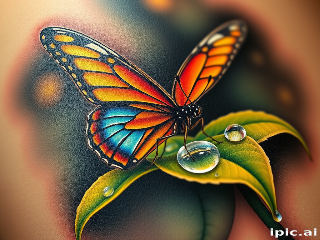 Realistic 3D tattoo "Living Canvas" portraying a hyper-realistic butterfly perched on a dewdrop-covered leaf, with lifelike textures and shading in vivid, true-to-life colors