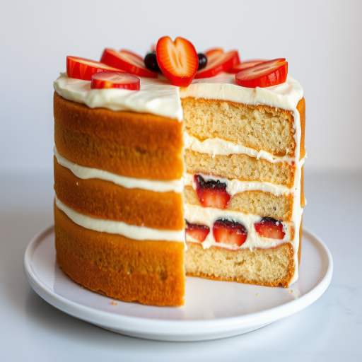 Create an image of a layered cake with a creamy filling and a fruit topping showing distinct layers of cake and filling with a slice removed revealing the interior details and a clean plate beneath.
