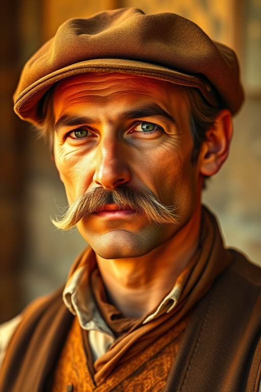 Create a portrait of a man in historical clothing with a mustache and cap, focusing on warm tones and soft brush strokes, shot at f/2.8, 50mm lens, ISO 100, in natural light with a shallow depth of field for a painterly effect using a digital camera.