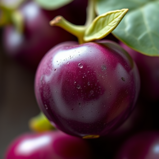 Create a high-resolution image of a stylized purple fruit with a green leaf, using a Canon EOS R5 camera, 50mm lens, f/1.8 aperture, ISO 100, 1/200 sec shutter speed, captured from a high-angle view with soft focus on the background.