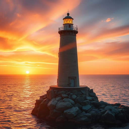 Generate an image of a tall lighthouse perched on a rocky outcrop surrounded by calm ocean waters during a breathtaking sunset. The lighthouse stands sturdy and weathered, its stone surface illuminated by the warm golden light of the setting sun. The sun's rays pass directly through the glass lantern room at the top of the lighthouse, casting a brilliant light across the scene. The sky is painted with vibrant shades of orange, pink, and purple, reflecting off the tranquil sea. The surrounding water shimmers with the same warm hues, creating a serene and majestic atmosphere.