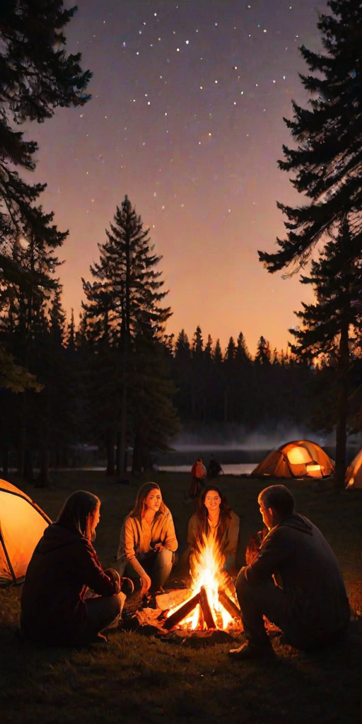 Warm, softly lit image of a family gathered around a campfire at twilight, soft orange light from the flames illuminating their faces, with tents and trees barely visible in the background and stars beginning to emerge.