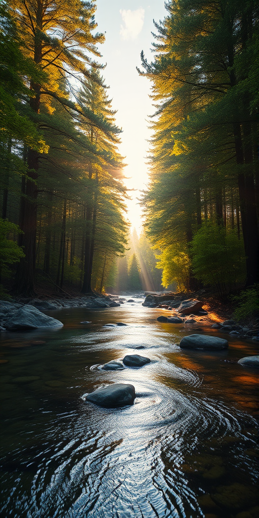 Create an image of a serene, sunlit forest scene with a clear, gently flowing river. Tall trees with lush green foliage line both sides of the river, their leaves bathed in the warm golden light of the setting or rising sun. The sunlight filters through the trees, casting soft, dappled light on the river, which flows over smooth rocks and pebbles, creating a peaceful, natural atmosphere. The sky is bright with a few scattered clouds, and the overall mood is tranquil, evoking a deep sense of connection with nature. The image captures the beauty of a calm, pristine forest landscape at either dawn or dusk.