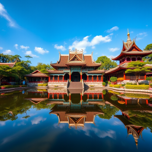 Capture a high-resolution image of a traditional Asian temple with stunning architecture reflected in a serene pond, surrounded by lush greenery and blue skies, using a DSLR camera with a 24mm lens, ISO 100, aperture f/8, and a shutter speed of 1/200s for a vibrant daytime shot.