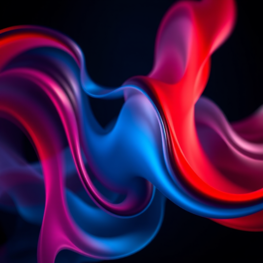Create an abstract image of dynamic flowing waves in red and blue, with soft gradients and a dark background, captured with a DSLR camera at f/8 aperture, ISO 100, 50mm focal length, using a macro lens to enhance the details and create a smooth bokeh effect.