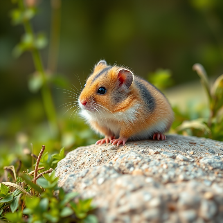 Create a highly detailed image of a cute, fluffy hamster sitting on a rock surrounded by greenery, captured with a Canon EOS R5, 85mm lens, aperture f/1.8, ISO 100, natural soft lighting, shallow depth of field for a dreamy background.
