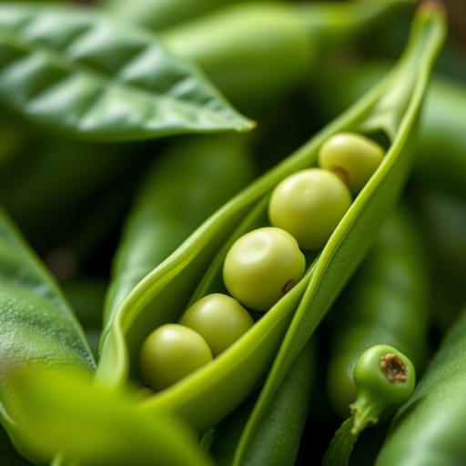 Create a high-resolution image of fresh green pea pods with five peas inside, photographed with a shallow depth of field, using a macro lens, at f/2.8 aperture, 50mm focal length, ISO 100, and natural daylight to enhance color vibrancy and detail.