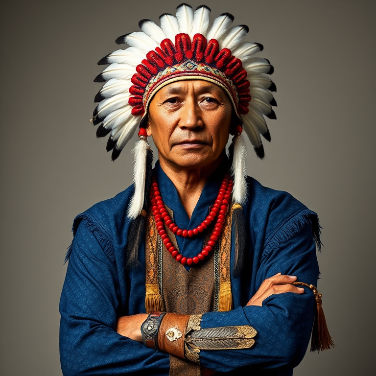 Create a dignified portrait of a Native American man dressed in traditional attire. He wears a beautifully crafted headdress adorned with white feathers and red beads, along with a beaded headband featuring intricate patterns. His clothing includes a deep blue, patterned shirt and a traditional chest piece with detailed beadwork. His arms are crossed, displaying leather armbands decorated with feathers. The background is simple and neutral, emphasizing his proud and stoic expression. The overall image captures the rich cultural heritage and strength of his persona.