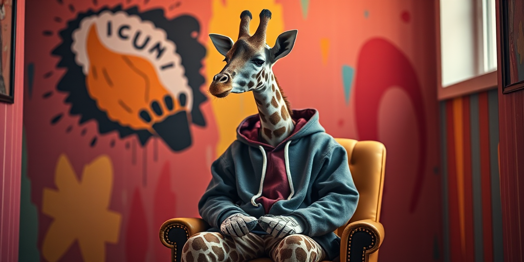 Create an image of a giraffe wearing a stylish hoodie and sneakers sitting on a chair in a colorful room, 50mm lens, f/1.8 aperture, ISO 200, soft lighting, cinematic style, DSLR camera.
