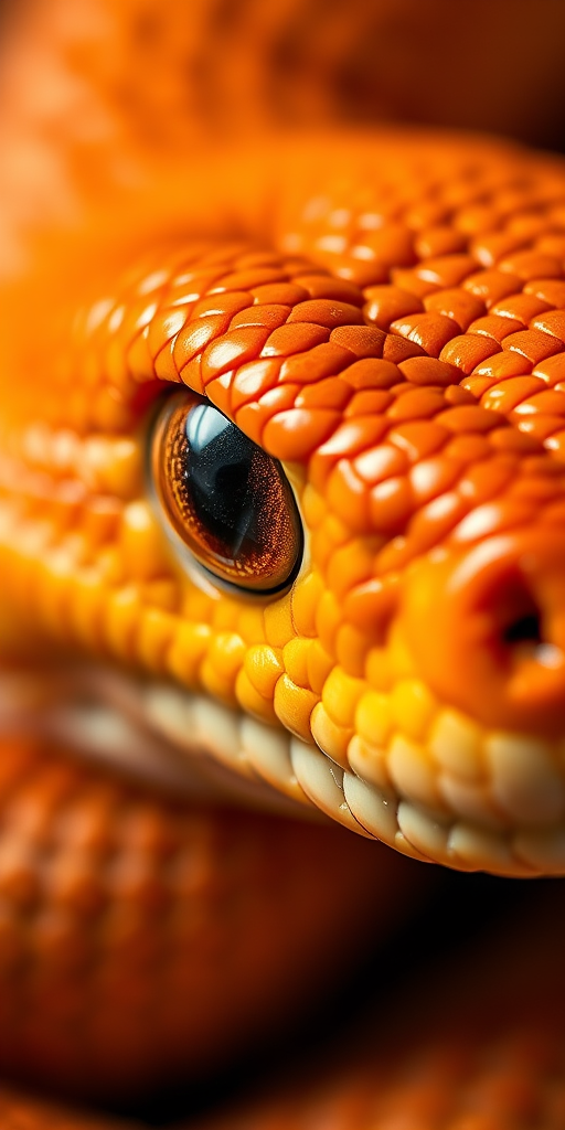 Close-up of a textured orange snake with intricate scales, shallow depth of field, soft natural light, 100mm macro lens, f/2.8, ISO 100, 1/200 sec, DSLR camera, focus on the eye for enhanced detail.