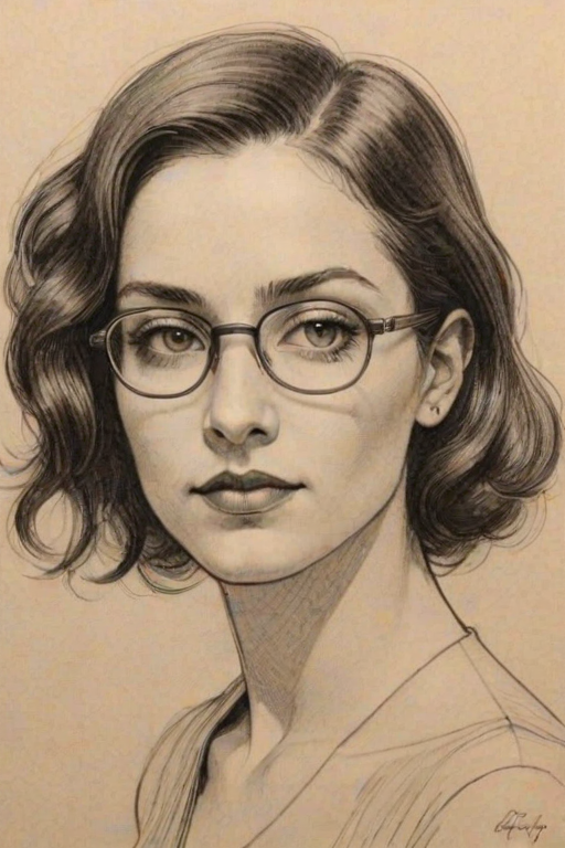 Comely Raven-Symon', pencil sketch, portrait of Enticing woman 1921s in glasses, hair style beatnik, outline, clear lines, fine lines, 8k