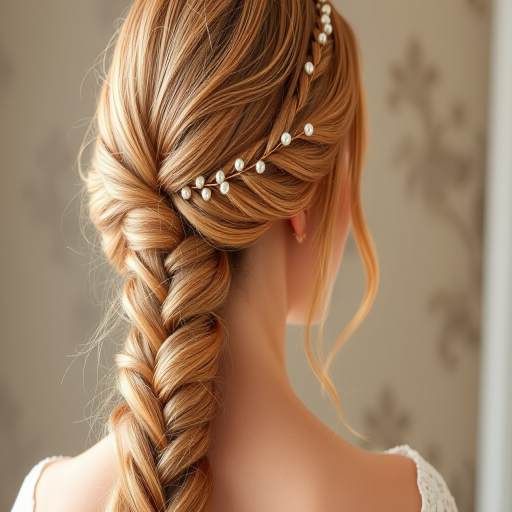 Luminous rose gold-haired beauty with a romantic, side-swept fishtail braid adorned with delicate pearl pins