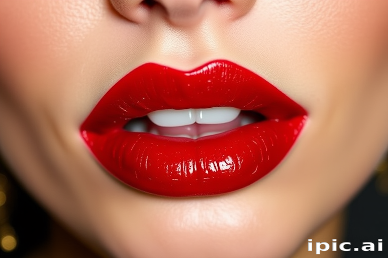 Vibrant Cherry Burst lips feature a glossy red hue with subtle gold shimmer, creating a bold and alluring look perfect for evening events and glamorous occasions.
