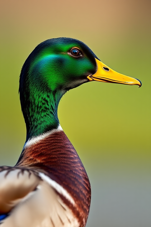 Create an image of a mallard duck in profile with vibrant green and yellow features, captured with a DSLR camera at f/4, 1/500s, ISO 200, using a 70-200mm lens and a shallow depth of field for a soft background blur.