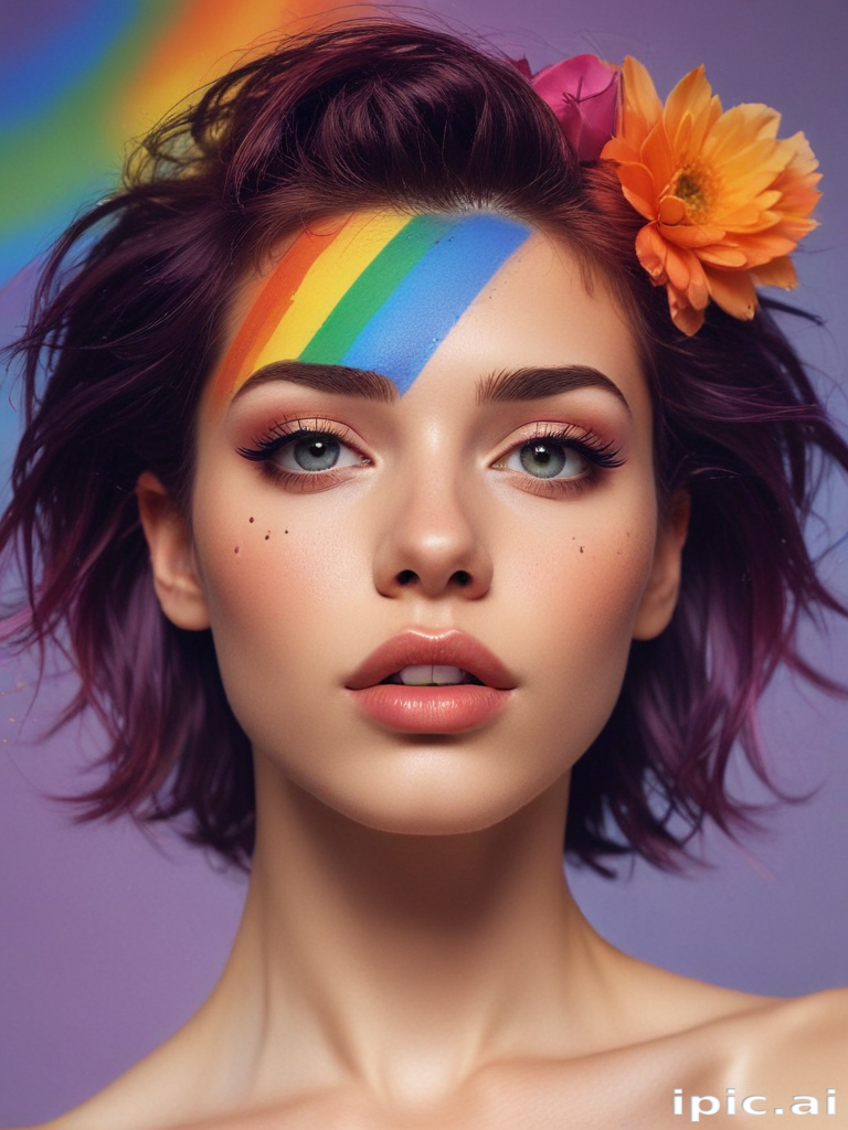 Vibrant Portrait of a Young Woman with Rainbow Face Paint and Flowers