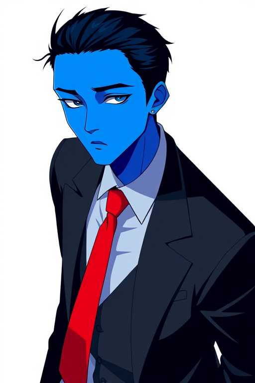 Create an illustration of a character with a blue face, wearing a black suit and red tie, in a minimalist design, using a digital art style, with a high resolution of 300 DPI, ensuring vibrant colors and smooth lines, with a top-down camera view to highlight the character's features.