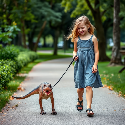 12 year old girl in a dress walking her pet Velociraptor on a leash through a park