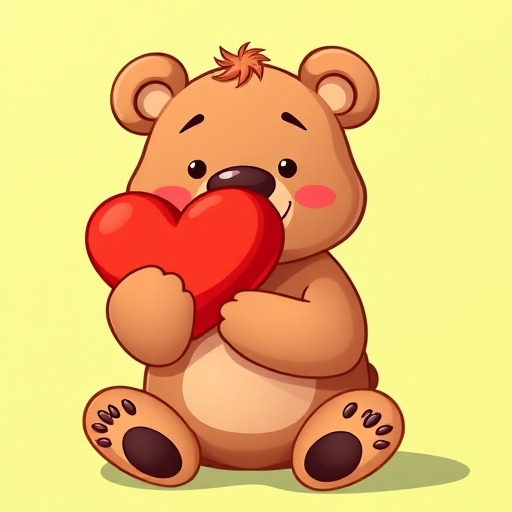 Create a playful cartoon image of a bear sitting and holding a red heart, with a vibrant green background, shot on a DSLR camera using a 50mm lens at f/1.8, with a soft focus effect to enhance the character's features and warm colors.