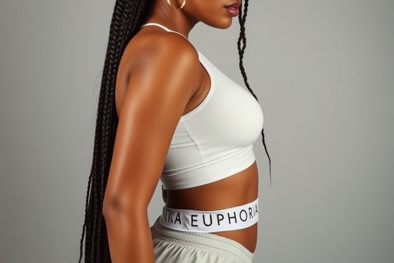 A photo of a Zendaya with long braids hair. She is wearing a tight damp white yoga croptop with the elastic band on the waistband reading "EUPHORIA". She has cosmetic surgery to be very curvy. Her skin is slightly wet. She has full lip and wears short boy shorts, wide hips. The photo is a side profile model pose.