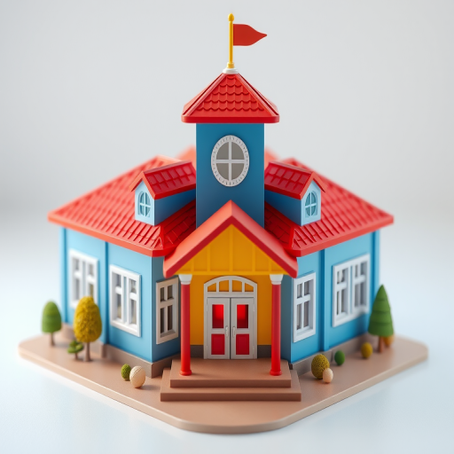 Create a detailed 3D illustration of a colorful school building with a red roof, blue walls, and a welcoming entrance, using a digital camera setup with f/8 aperture, ISO 100, 24mm focal length, and soft natural lighting to enhance vibrancy and depth.