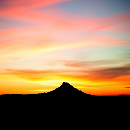 Generate a high-quality silhouette image of a mountain landscape during sunset using a DSLR camera, 24mm lens, aperture f/8, ISO 100, and a low angle view to enhance the depth and richness of colors in the sky.