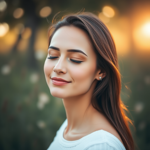 portrait of a woman with closed eyes and slight smile, surrounded by nature with soft bokeh background, sunny warm light, 50mm lens, f/1.8, ISO 100, natural light photography, soft focus, DSLR camera
