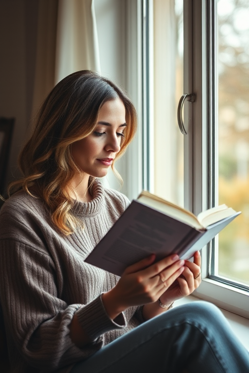 portrait of a woman reading a book by a window in a cozy setting, natural light, soft focus, 50mm lens, f/1.8 aperture, 1/200s shutter speed, DSLR camera, shallow depth of field, warm tones
