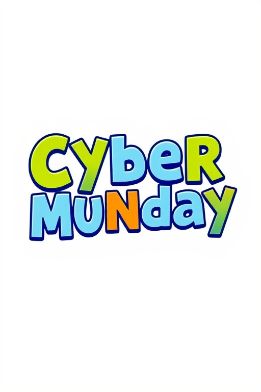 Create a vibrant digital illustration of the text "Cyber Monday" in a playful font, using a clean white background, with a focus on bright colors and bold outlines, captured using a high-resolution digital camera settings ISO 100, aperture f/2.8, shutter speed 1/60s, shooting from a straight-on view with a soft light style for enhanced clarity and contrast.