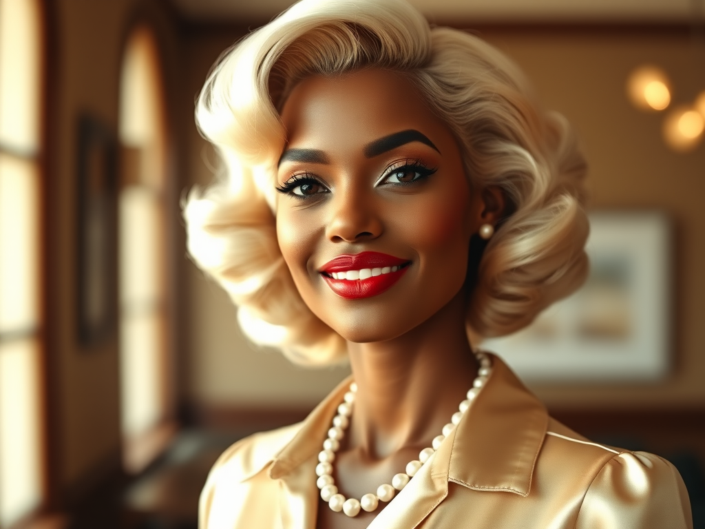 A beautiful Nubian woman reminiscent of 1950s Hollywood glamour, with perfectly styled blonde hair and a seductive smile, dressed in a satin blouse and adorned with pearls, soft and warm tones, photorealistic, 8K