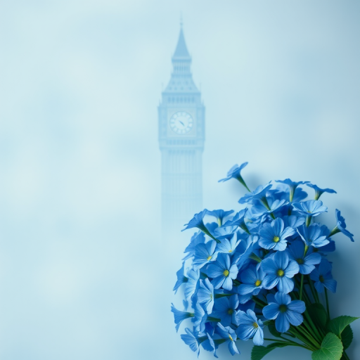 create a vintage-style background with soft blue hues featuring a faint outline of Big Ben and a bouquet of blue flowers, use a DSLR camera with a 50mm lens, aperture set to f/2.8, ISO 100, shot from a top-down perspective, using natural light for a soft and dreamy effect