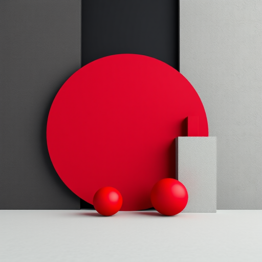 Create an abstract art image featuring geometric shapes with a large circular form and two red spheres against a backdrop of gray and black blocks, using a Canon EOS R5 with a 50mm lens, aperture set to f/1.8, ISO 100, in a clean and minimalistic style.