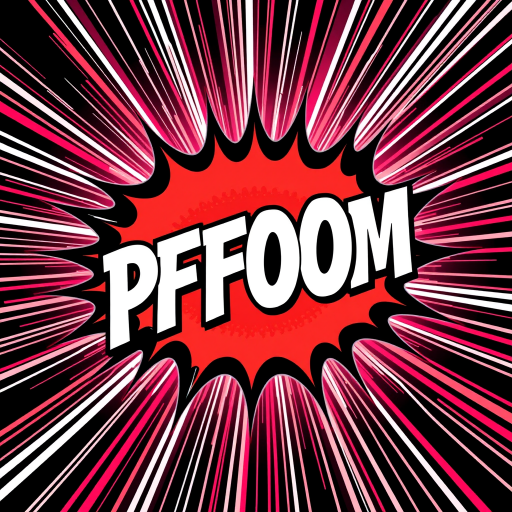 Create a dynamic comic-style explosion graphic featuring the text "PFOOM" in bold white letters with dynamic speed lines in the background, using a DSLR camera, 50mm lens, f/1.8 aperture, 1/1000 sec shutter speed, and ISO 100 for a sharp and vibrant finish.