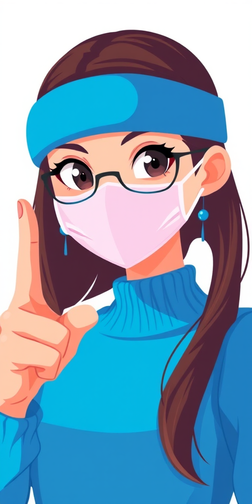 female character wearing a blue sweater and a mask pointing with her right index finger, flat design, vibrant colors, soft focus, 50mm lens, f/1.8 aperture, ISO 100, natural lighting, portrait view, digital illustration