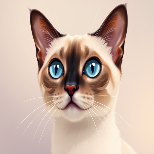 Create a high-resolution digital illustration of a Siamese cat with striking blue eyes, using a soft gradient background, at 300 DPI, in a close-up perspective, with a clean vector style, simulating a DSLR camera with a 50mm lens and f/1.8 aperture for depth of field.