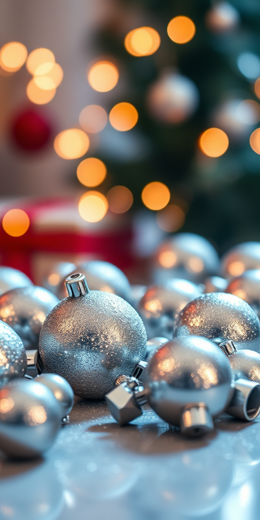 create a high-resolution close-up image of shimmering silver Christmas ornaments scattered on a softly lit surface with a bokeh background using a DSLR camera with a 50mm lens, aperture f/1.8, ISO 100, and a shallow depth of field for enhanced detail and clarity