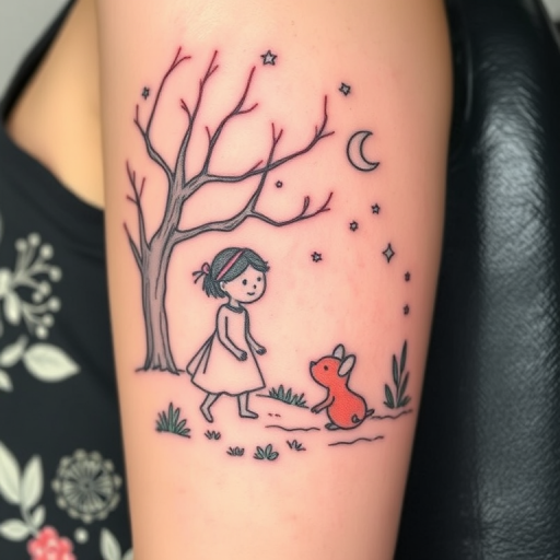 Illustrative storybook tattoo, "Fairytale Canvas," depicting a whimsical scene from a beloved story or fable using a combination of fine lines and soft color washes, creating a dreamy, nostalgic atmosphere reminiscent of classic children's book illustrations