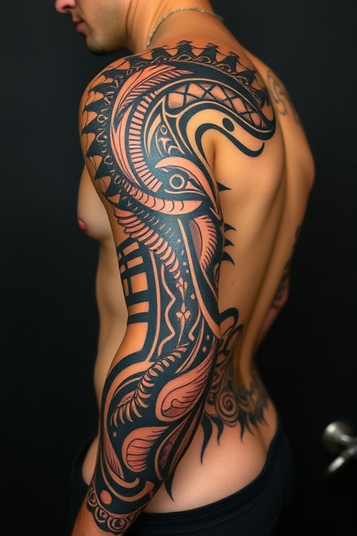 Tribal fusion tattoo named "Ancient Echo" blending traditional Polynesian and Maori motifs with contemporary design elements, creating a bold and striking pattern that flows with the contours of the body