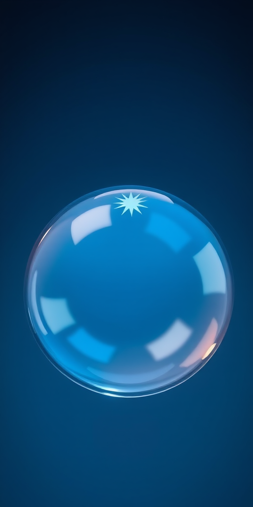 Create a glossy, spherical bubble with a soft blue tint and a bright star reflection on top, using a Canon EOS R5, 50mm lens, f/1.8 aperture, 1/200 shutter speed, ISO 100, soft focus background for enhanced quality.