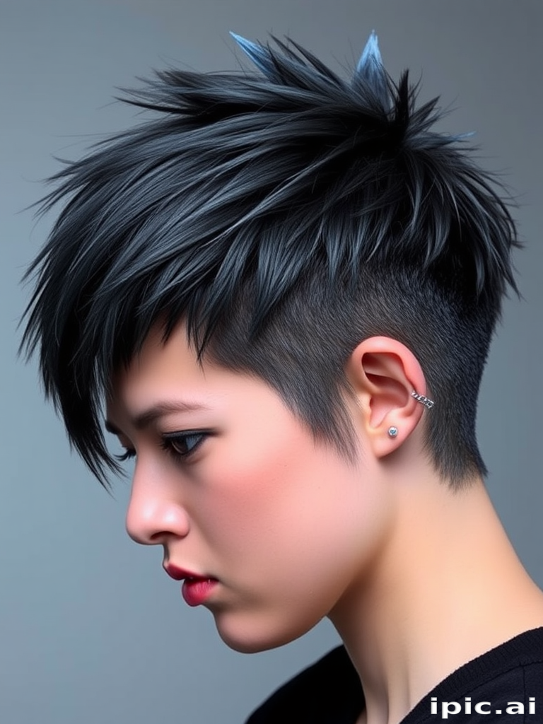Smoky charcoal grey pixie cut with textured spikes and icy blue tips, creating a fierce and edgy look inspired by jagged mountain peaks and winter storms.
