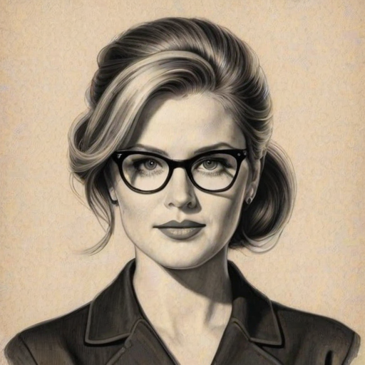 Ravishing Maggie Lawson, pencil sketch, portrait of Fetching woman 1957s in glasses, hair style beatnik, outline, clear lines, fine lines, 8k