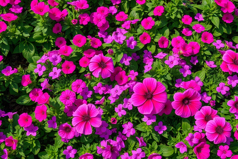 lush garden filled with vibrant pink and purple flowers, taken with a Canon EOS R5, 50mm lens, f/1.8 aperture, 1/200s shutter speed, ISO 100, top-down view, natural lighting for enhanced color quality