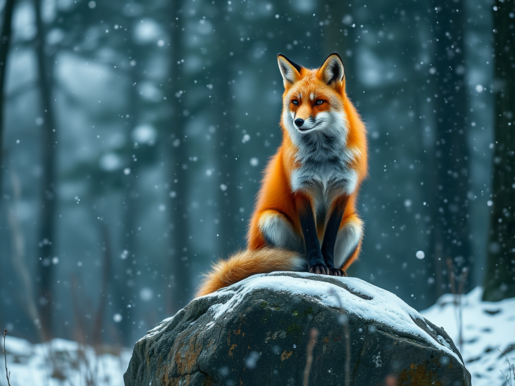 a majestic fox sitting on a rock in a misty forest during snowfall, Canon EOS 5D Mark IV, 85mm f/1.4 lens, aperture f/2.8, ISO 100, shutter speed 1/250s, natural lighting, shallow depth of field, vibrant colors, high dynamic range